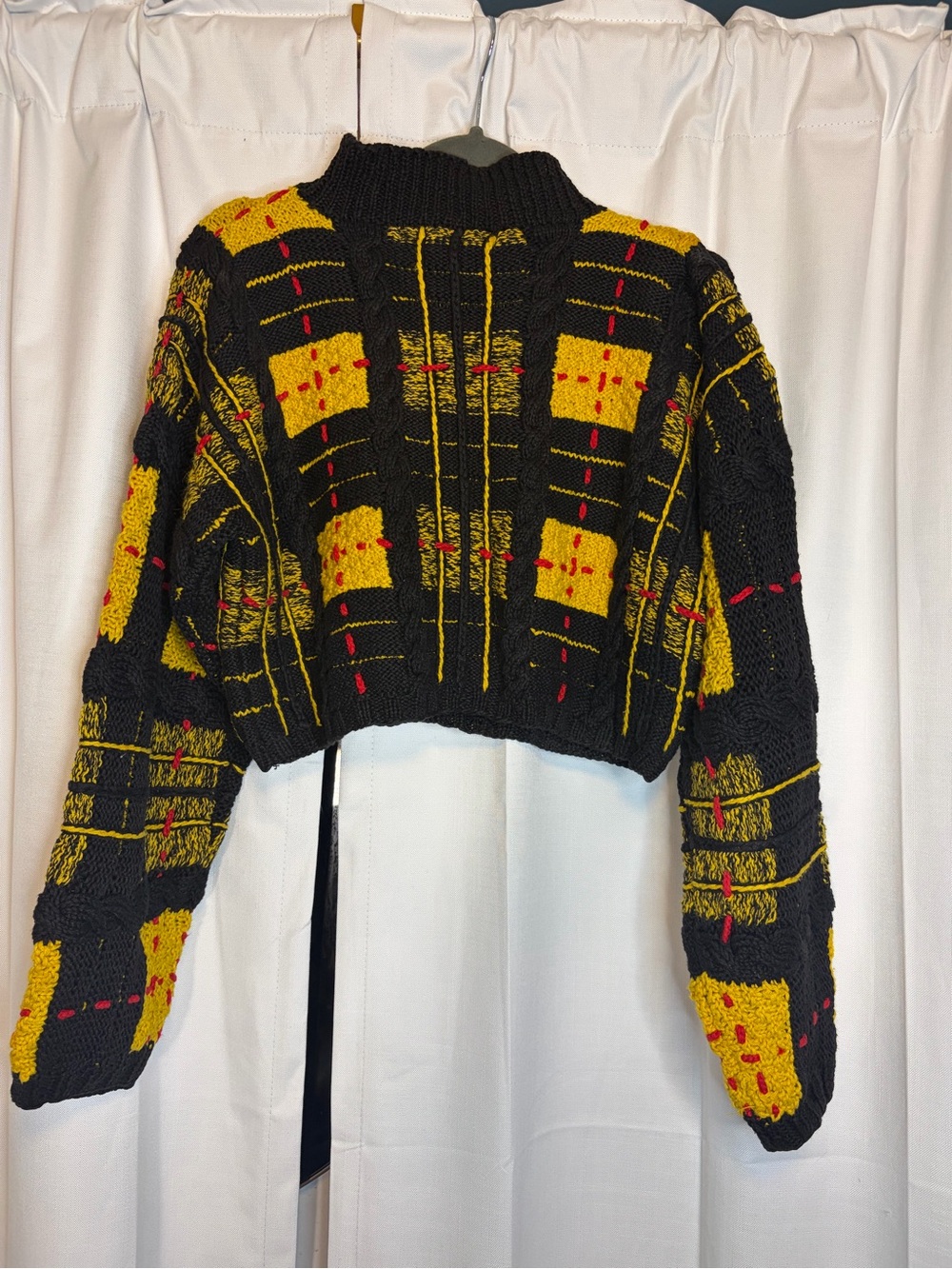 RARE Vintage 80s 90s Michael Simon Handknit Plaid cropped sweater Size Small - Picture 5 of 6